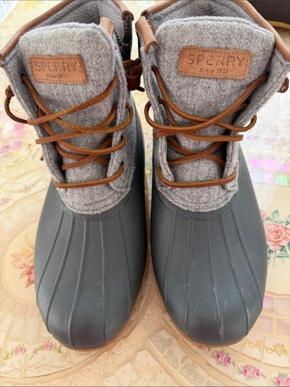 Sperry Gray Rubber Duck Boots with Brown Trim